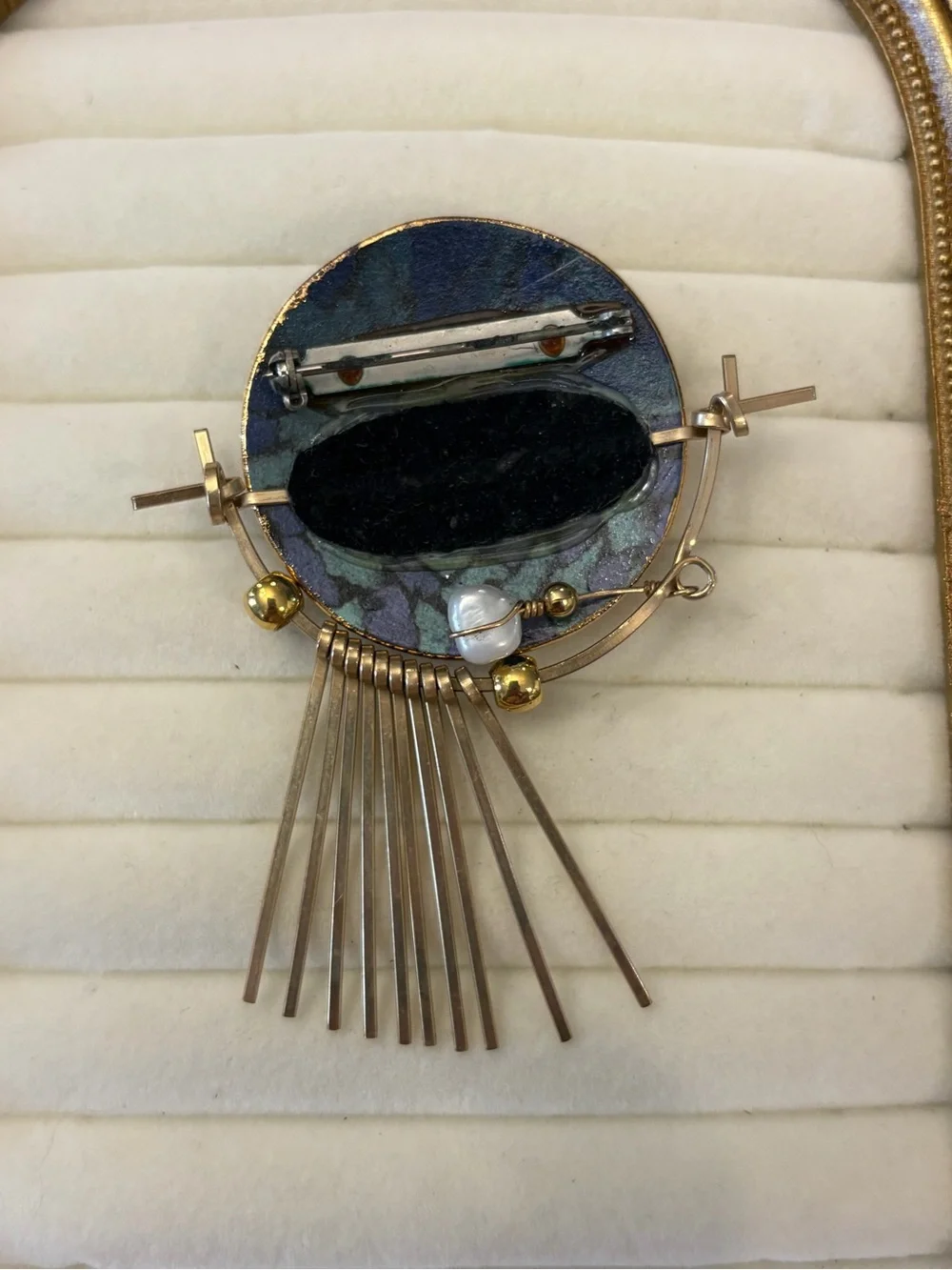 Vintage Glass Mosaics Look Glass Brooch Pin Metal Dangle Pins White Stone UNIQUE